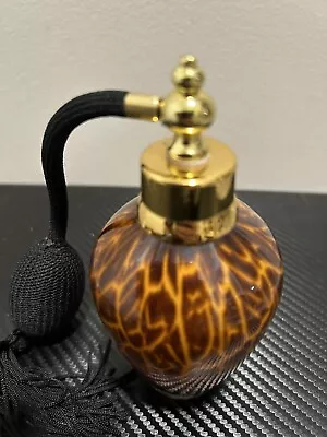 Vtg Art Glass Perfume Bottle Pump Atomizer Art Deco Brown Amber Tortoiseshell 6” • $15