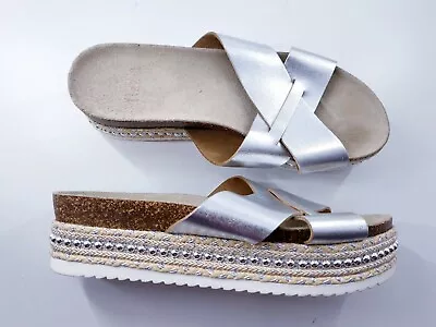 Faith Size 6 Silver Faux Leather Cross Strap Platform Slides Cork Insole Sandals • £22