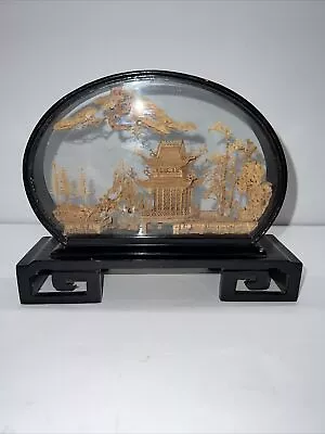 Vintage Chinese Carved Cork Diorama Art In Glass Shadow Box Cranes • $10