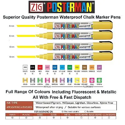 Zig Posterman Broad 6mm Chalk Marker Pen Pens Waterproof Whiteboard Glass Metal • £2.39
