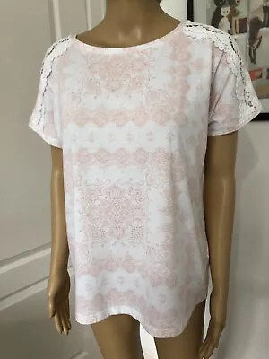 Marks & Spencer Indigo Collection Size 12 White & Pink Lace Trim Top Perfect • £2.99