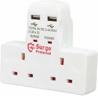 £8.75 • Buy 2 Way Gang Plug 13A Wall Socket Adaptor 2x USB Charge Ports 2.4A Surge Protected
