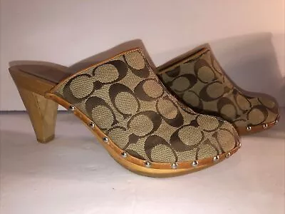 Coach Womens Logo 8 Italy Clog Heel Mule Shoe Round Studded Leather Wood • $38.99
