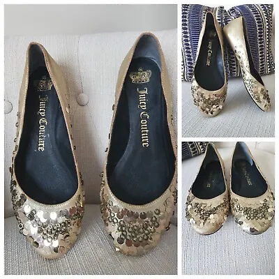 Juicy Couture Anita 8M Gold Metallic Leather Sequin Flat Ballet Shoes Ballerine  • $32.75