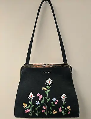 $17.99 • Buy Guess Handbag Black With Embroidered Flowers Silver Clasp