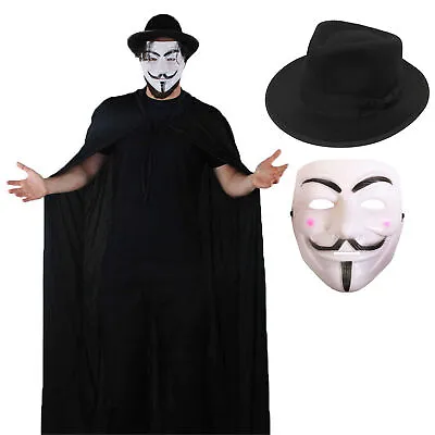 Mens Anonymous Halloween Costume Fancy Dress Mask Cape Hat Hacker Guy Fawkes • £10.99