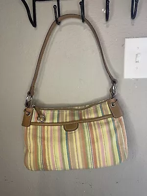 Fossil Leather Trim Multi Color Striped Canvas Satchel Bag Handbag Purse • $5