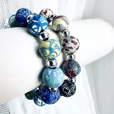 Viva Beads Chunky Silver Clay Handmade Set Of  Two Stretchy Bracelets NWT • $26.90