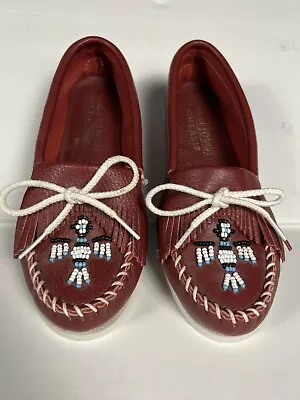 New Minnetonka Red Leather Moccasins 650 Embellished Beaded Eagle Womens Size 7 • $24.99