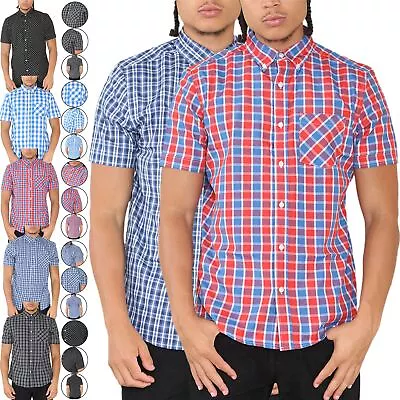 Mens Short Sleeve Check Shirt Cotton Summer Casual Work Casual Work Tops New • £6.99