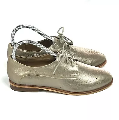 Jo Mercer Metallic Pewter Leather  Oxford Lace Up Shoes Size 37 Brogues • $45