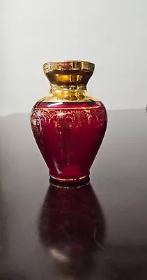 Vintage Vecchia Murano Ruby Red Glass Vase With Gold Trim - 4  Tall  • $40