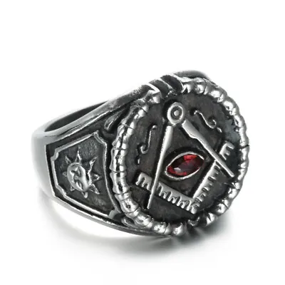 Vintage Red CZ Eye Masonic Signet Ring Stainless Steel Men's God Eye Biker Ring • $13.98