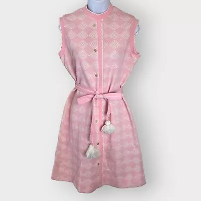 Vintage | Barnsville Womens Midi Dress | Pink | Pom Pom Belt | 60s Retro Barbie • $89.99