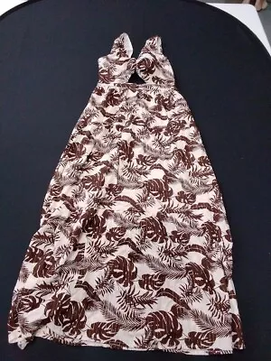 Venus Brown & Cream Tropical Leaf Cutout Sleeveless Maxi Dress W/ Tie Back- 10 • $18.09