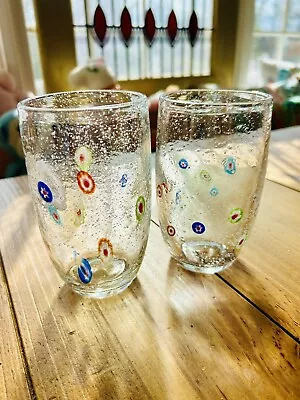 Murano Style Millefiori Drinking Glasses Bubble Art Tumblers Set Of 2! UNIQUE • $36