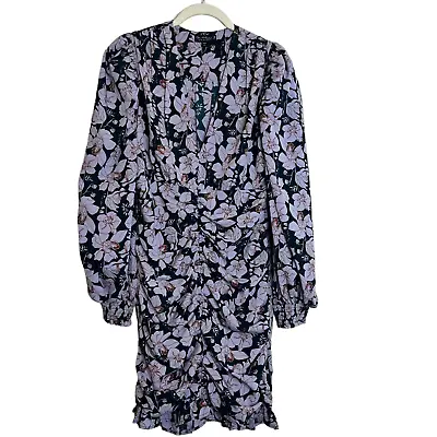 Miss Selfridge Womens Dress Size 8 Green Pink Floral Chiffon Long Sleeve Ruched • $19.98