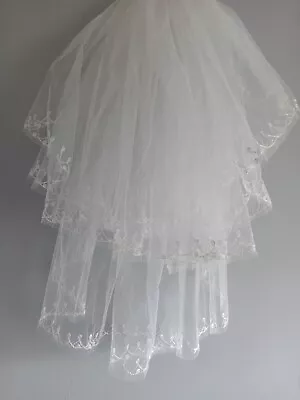 Wedding Veil White 3 Tier Shoulder Length Veil & Combslide Embroidered Edge V230 • £10