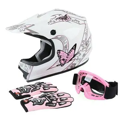 DOT Youth Kid Child Motorcycle Helmet Pink Butterfly Dirt Bike Goggles Gloves MX • $42.99