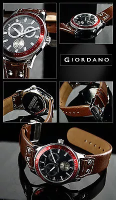 Sporty Mens Watch Stainless Steel Day-Date Red Bezel Leather Band Braun 40mm • $112.05