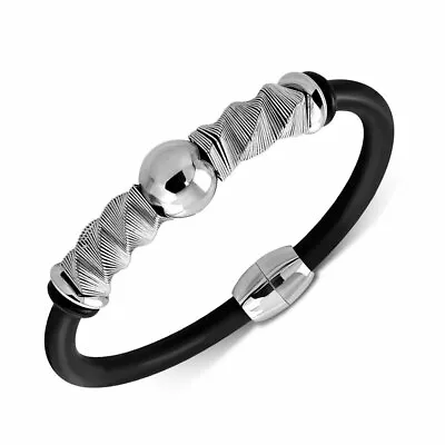 Stainless Steel Silver-Tone Black Rubber Mens Bracelet 8  • $19.99