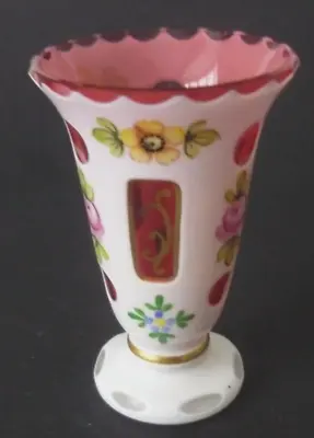 Miniature Bohemian Czech White Overlay To Cranberry Glass Hand Painted Vase • £28