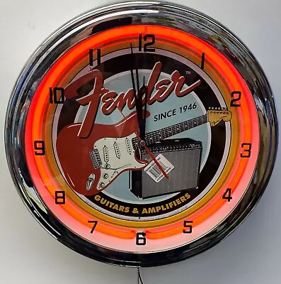 16  FENDER GUITAR Metal Sign Red Neon Wall Clock Amplifier Music Studio • $119.95