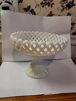 Challinor Taylor Whit Milk Glass Pedestal Open Lattice Fruit Bowl Compote Pastry • $22