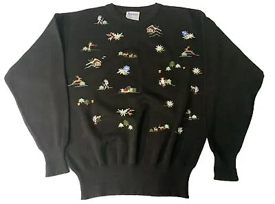 Meister Ski Sweater Women's Size Large Embroidered Crewneck Black Wool/Acrylic • $25