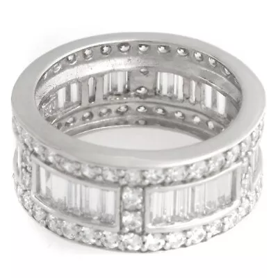 Platinum Plated Round Diamond Simulated Pave And Baguette Eternity Band Ring • $192.64