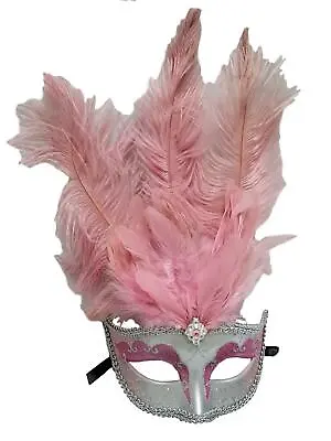 Light Pink Silver Venetian Mask Feather Masquerade Costume Prom Dance • $18.95