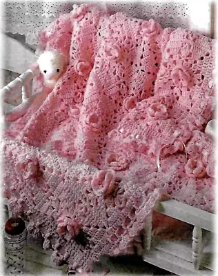 Pink Roses - Crochet  PATTERN COPY Baby Afghan/blanket - Heirloom #5 • £3.39