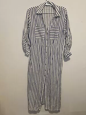 Zara Woman Maxi Shirt Dress Button Down Blue Striped Size XXL Belt Loops • $22.80