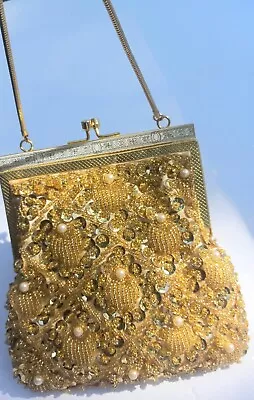 Gold Beaded Sequined Pearl Formal Clutch Handbag Vintage Made In Hong Kong  • $29.95