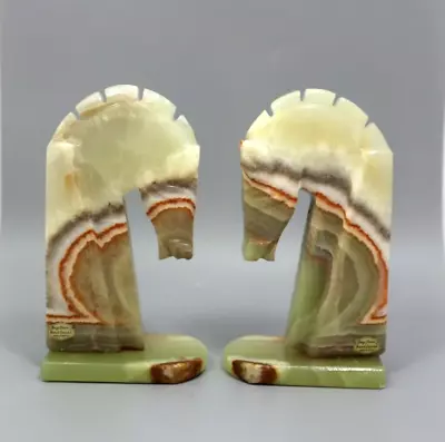 Vintage Marbled Onyx Trojan Horse Head Pair Hand Carved Bookends Made In Mexico • $102.98