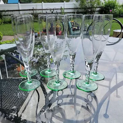 Villeroy & Boch Verona Clear Twisted Stem Green Base Champagne Flutes Set Of 7 • $93.33