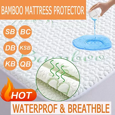 Bamboo Mattress Protector Waterproof Topper Fitted Cover KS/D/Queen/King/SK Bed • $20.99