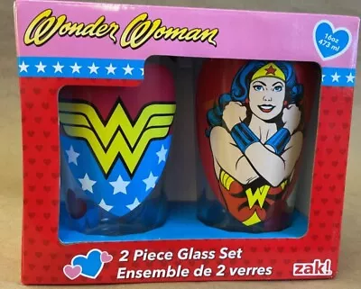 Classic DC Comic Design Wonder Woman  2 Glass Set Zak! 16 Oz Full Color Glasses • $12