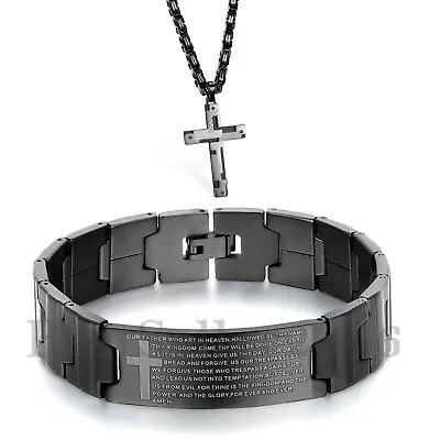 Vintage Stainless Steel Bible Lords Prayer Cross Bracelet With Pendant Necklace • $15.19