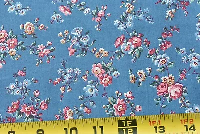 By 1/2 Yd Vintage Pink & Blue Floral Bouquets On Blue Cotton Cranston P9405 • $5.50