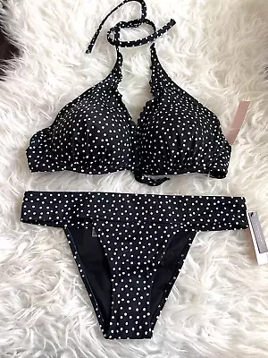 VICTORIA'S SECRET Womens 38C / M Bikini Set Black Polka Dots Halter Swimwear  • $31.05