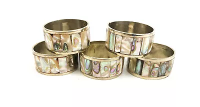 Vintage Hand Made Mother Of Pearl Abalone Silver Tone Napkin Rings Set Of 5 • $15