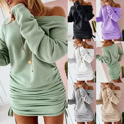 Women Side Ruched Drawstring Bodycon Ladies Lace Up Sweatshirt Hoodie Mini Dress • £13.39