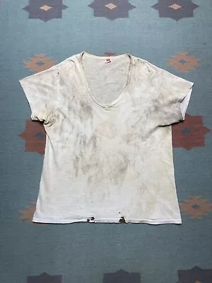 Vintage 60s 70s Hanes V Neck T Shirt Blank White Distressed Thrashed Worn Large • $25