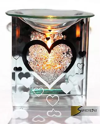 Glass Heart Fragrance Oil Burner Yankee Candle Wax Tart Warmer Tealight Holder • £10.49