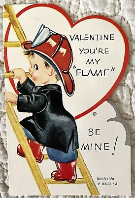 Vintage Valentine Boy Fireman Ladder You’re My Flame Greeting Card 1930s 1940s • $4.88