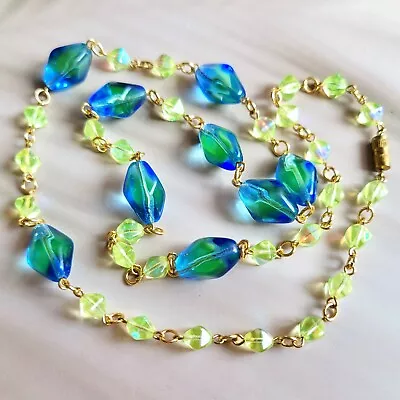 Vaseline Necklace Yellow Uranium Czech Glass Beads Vintage Jewelry Art Deco • $48.50