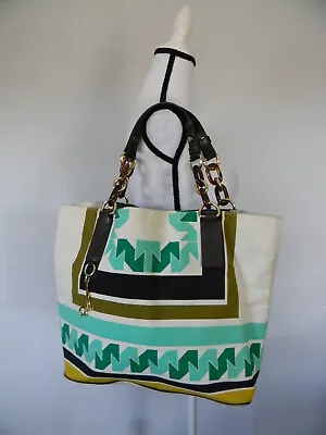 Milly Cute Canvas/leather Trim Striped Geo Cream/turquoise/brown Tote! • $53.10