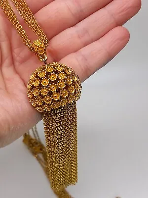Vintage Monet Necklace Gold Tone Flower Tassel Pendant 28  60s To 70's  • $49.99