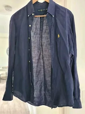 Polo Ralph Lauren Navy Oxford Shirt Mulberry Silk & Linen Size M Rp$265 • $22